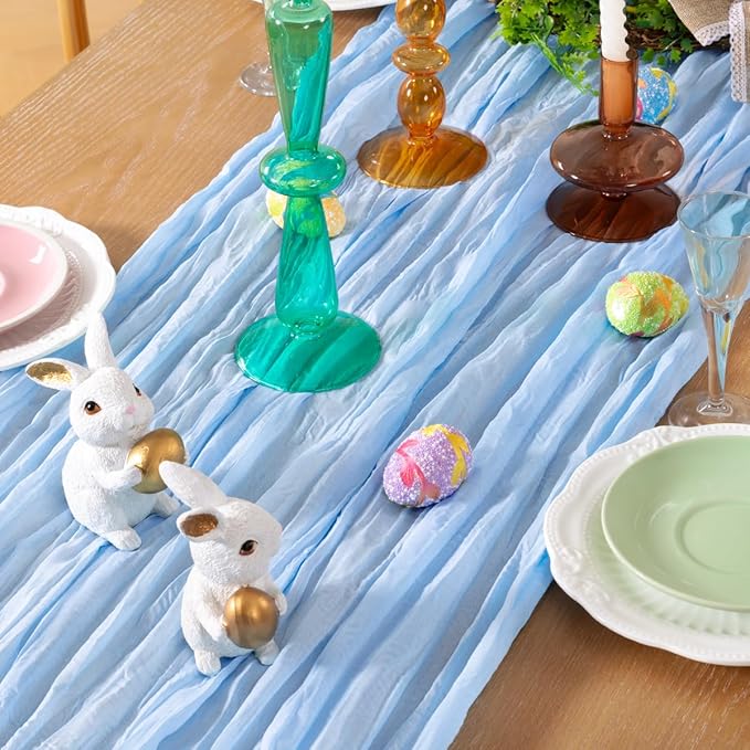 DeZerlor Baby Blue Cheesecloth Table Runner 6 Pack Spring Easter Table Runners Boho Gauze 120 Inches Light Blue Table Decor for Wedding Bridal Baby Shower Parties