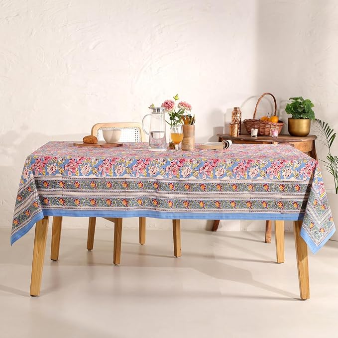 Hand Block Printed Tablecloth, Colorful Floral Print, Indian Artisan Handmade Art, Dining Room, Kitchen, Outdoor Décor, (Sunset Petals, 8 Seater 72 x 108 Inches Rectangle)
