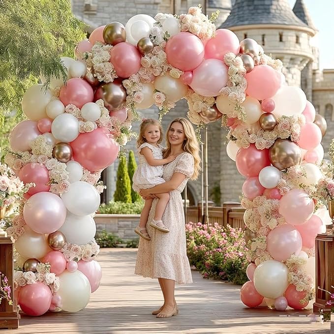 Pink White Balloon Garland Double Stuffed, Pastel Pearl Pink Champagne Gold White Sand Balloon Arch Kit for Mother's Day Birthday Baby Shower Bridal Shower Wedding First Communion Party Decorations