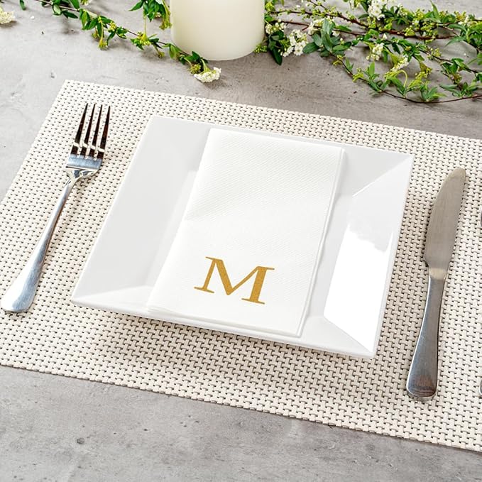 Luxenap 15.8 X 7.9 Inch Linen-Feel Guest Towels, 50 Lettered Hand Towels - Gold Letter 'M', Sans Serif Font, White Paper Dinner Napkins, airlaid, For Restrooms And Tables
