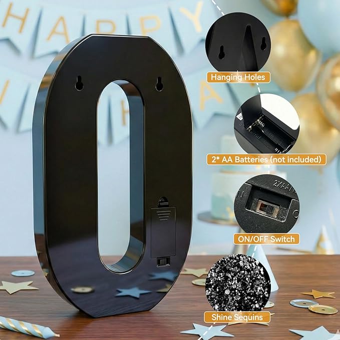 12.6 Inch LED Black Marquee Light Up Numbers, 30th Birthday Decorations Number Lights as Gifts for Women Men, Glitter Lighted Marquee Numbers for Black Anniversary Party Table Decor, 30