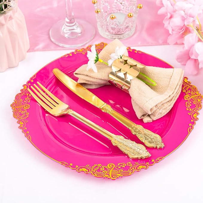 125PCS Hot Pink Plastic Plates - Pink Disposable Plate - Elegant Party Plates with Gold Plastic Silverware Sets for 25 Guests for Wedding & Birthday Party & Baby Shower