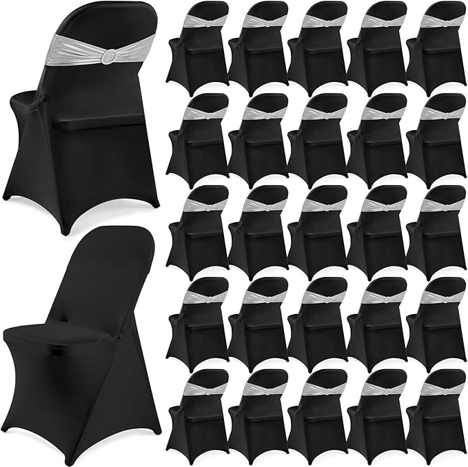 Preboun 50 Pack Folding Chair Cover Set with 25 Spandex Chair Slipcovers 25 Sequin Chair Sashes Bow Washable Chair Protector Chair Cover for Party Wedding Banquet Event (Black, Silver)