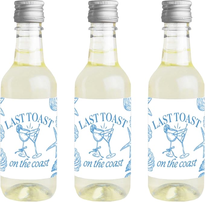 Big Dot of Happiness Last Toast on the Coast Mini Wine and Champagne Bottle Label Stickers, Beach Bachelorette Party Favor Gift for Coastal Bridal Shower - Set of 16