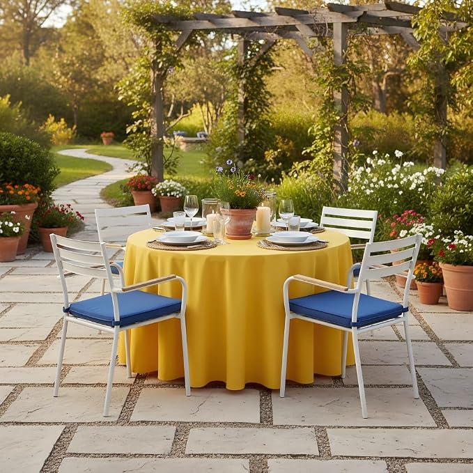 sancua Round Tablecloth - 108 Inch - Water Resistant Spill Proof Washable Polyester Table Cloth Decorative Fabric Table Cover for Dining Tables, Buffet Parties and Camping, Yellow