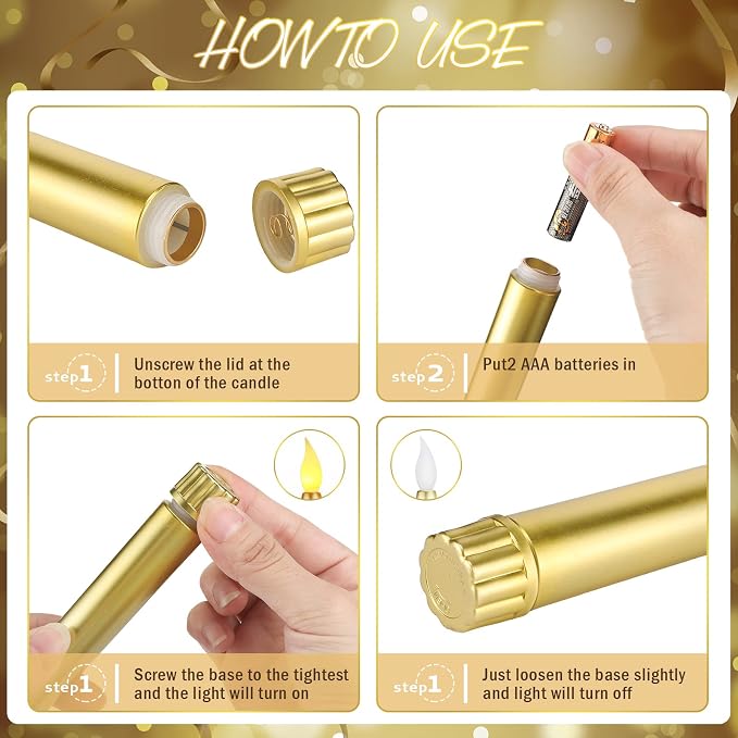 Fumete 16 Pcs Flameless Candles with Gold Base Battery Powered Taper Candles Battery Operated LED Candlesticks for Party Home Wedding Dinner Decorations