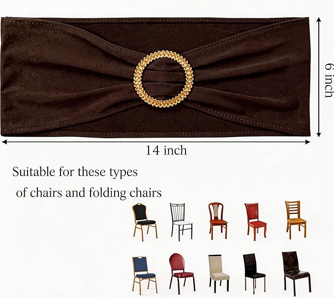 Pack of 50 Spandex Brown Chair Sashes with Gold Buckles, Stretch Chairs Sashes for Wedding Party Birthday Halloween Ceremony Event Decorations Chair Bands Bows (Brown Sashes, Gold Buckles)