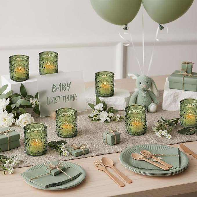 30 Pcs Green Votive Candle Holders, Glass Tea Lights Holder with Polka Dot Embossed, Vintage Candle Holder for Weddings, Home Decor, Baby Shower, Special Occasions