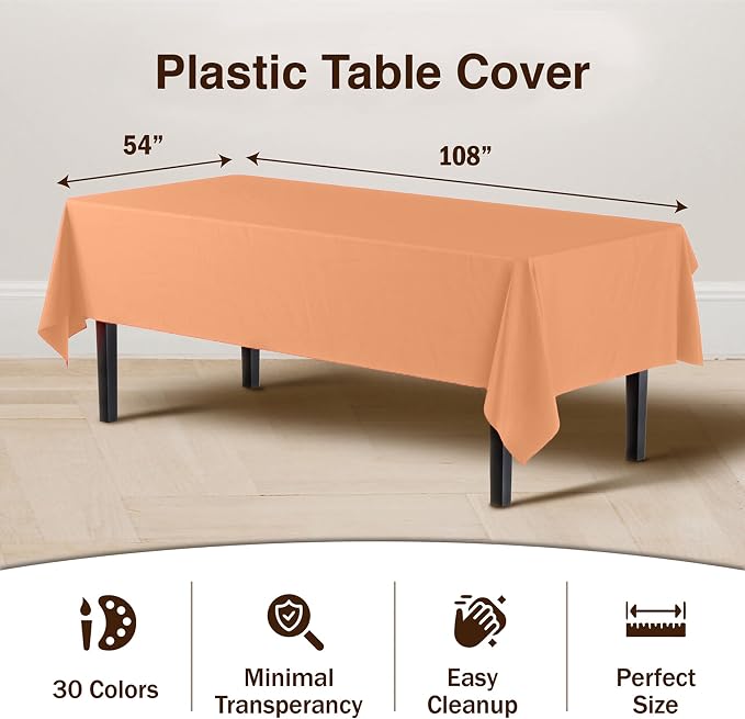 Exquisite Peach Plastic Rectangular Tablecloth 54x108inch, 48 Count - Disposable Table Cloths for Parties in Bulk, Easy Clean Up, Perfect for Christmas, Thanksgiving, New Years Eve