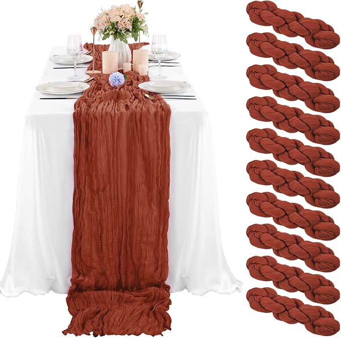 10 Pcs Terracotta Cheesecloth Table Runner 10FT, Gauze Table Runner for Wedding Reception Sheer Bridal Shower Birthday Party Boho Table Decoration, Rustic Romantic Wedding Runner