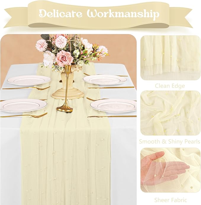 Fivenl 12 Pack 10FT Pearl Table Runner 30x120 Inch Beige Tulle Fabric Boho Rustic Sheer Table Runners Lace Table Cloth for Wedding Bridal Shower Birthday Party Arch Veil Dessert Table Decor (Beige)