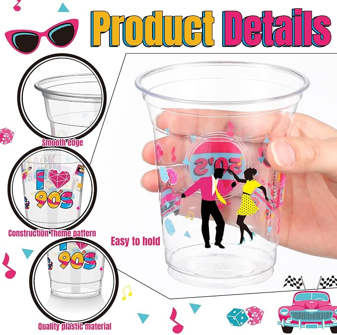 FoldTier 50 Pcs 50s Cups 12 oz Plastic 50s Back to 50s Cups Clear 50s Disposable Cups 50s Theme Drinking Cups for Home Party Back to the 50s Theme Back to 50s Favors Supplies Decoration (50s)