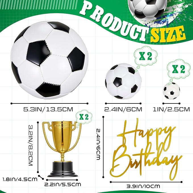 VioraWhite Large Soccer Ball Cake Toppers 8pcs Include 5 Balls of Different Sizes 2 Trophies and 1 Happy Birthday Sign for Cake Decoration Sport Theme Party Ceremony