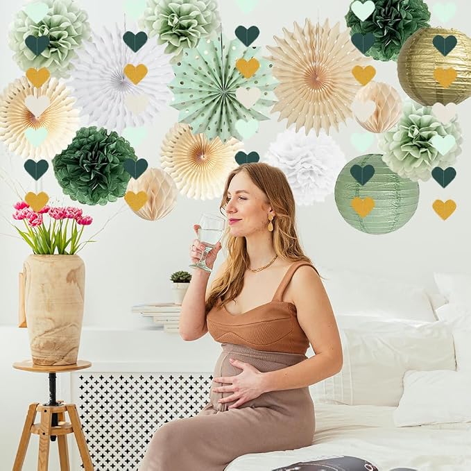 Sage Green Party Decorations Sage Green White Gold Party Decorations Paper Pom Poms Paper Fans Lanterns Sage Beige Gold Love Heart Garland for Birthday Baby Shower Wedding Bridal Shower Party Decor