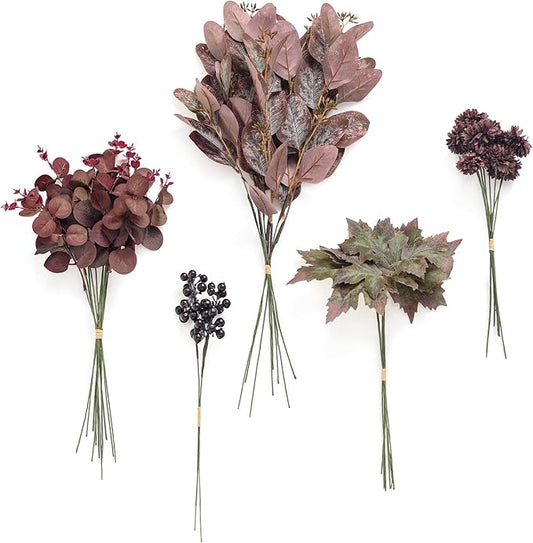 Ling's moment Artificial Greenery Stems Box Set, 36pcs with 6 Kinds of Faux Greenery Picks for DIY Bridal Bouquets Wedding Floral Arrangement Table Centerpieces, Purple & Burgundy
