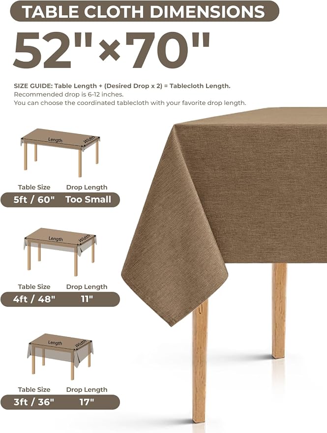 Decorelia Faux Linen Farmhouse Table Cloth 52"x70" for Rectangle Dining Table, Coffee Waterproof Outdoor Washable Cloth Fall Tablecloth for Rectangular Kitchen Outdoor Party Restaurant Patio Table
