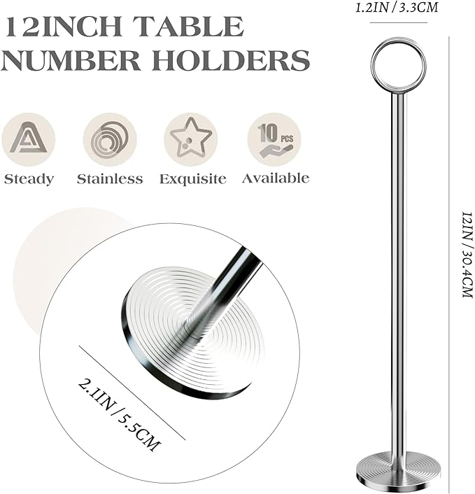 Urban Deco 12PK Table Number Holders Place Card Holders 12 Inch Table Card Holders Steel Card Holders for Photos, Food Signs, Memo Notes, Weddings, Restaurants, Birthdays (Silver)
