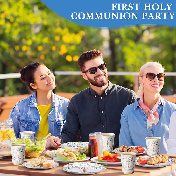 Ziliny 250 Pcs God Bless Baptism Party Tableware Set for 50 Guest First Holy Communion Decorations Blue Eucalyptus Leaves Paper Plates Napkins and Cups for Christening Baby Shower Religious