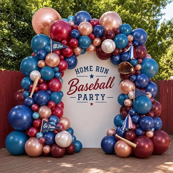Red Blue Balloon Garland, Double Stuffed Navy Blue Dark Burgundy Balloon Arch Kit Rose Gold Fringe Curtains for Birthday Graduation Patriotic Father's Day Prom Party Decoration