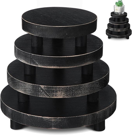 Geetery 4 Pcs Wooden Risers for Display Wood Pedestal Stand Mini Tray Stand Round Wooden Pedestal Holder Rustic Riser for Decor Tiered Tray Decor Home Kitchen, 5/6/7/8 Inch(Black)