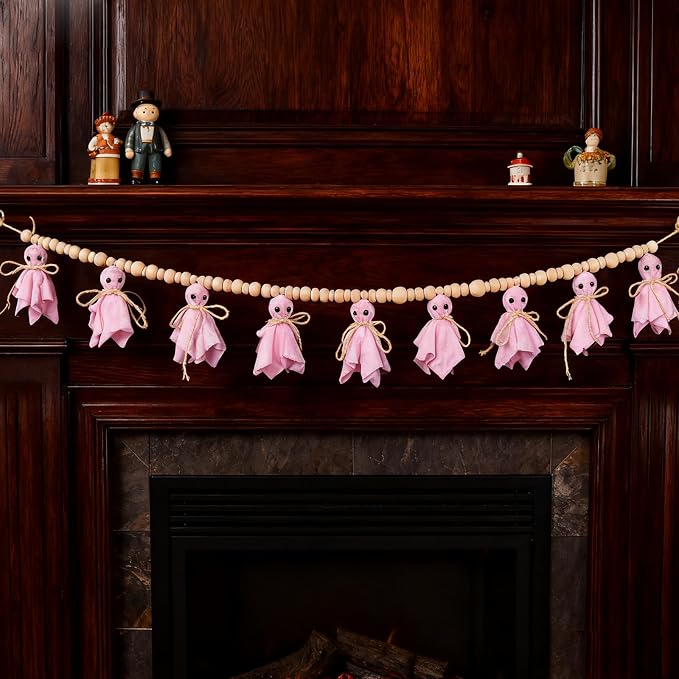 8.5Ft Pink Halloween Ghost Garland with Wooden Beads, Handmade Ghost Banner for Spooky & Cozy Home, Indoor Halloween Decor for Fireplace