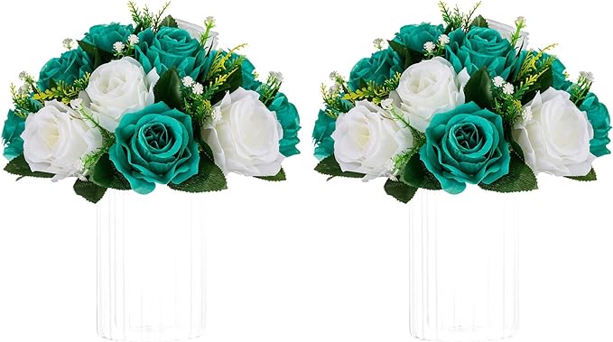 NUPTIO Flower Ball Centrepieces for Tables - Teal & White Artificial Flowers Rose for Centerpieces - Fake Rose Arrangements for Wedding Birthday Party St Patricks Day Decor 2 Pcs