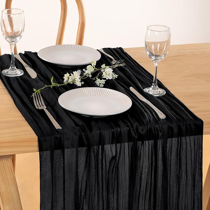 MLMC Black Table Runner 10ft Rustic Gauze Cheesecloth Table Runner 35x120 Inches Cheese Cloth Centerpiece for Wedding Party Bridal Shower Anniversary Events Gothic Decor