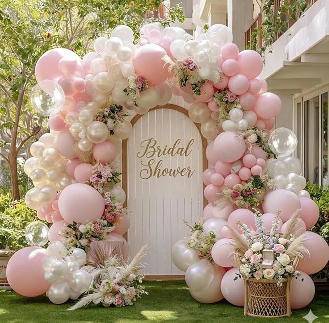 Pink White Balloon Arch Kit with Clear Bobo Balloons, Double Stuffed Baby Pastel Pale Pink Pearl White Cream Balloon Garland for Baby Shower Birthday Bridal Wedding Mother's Day Party Decoration