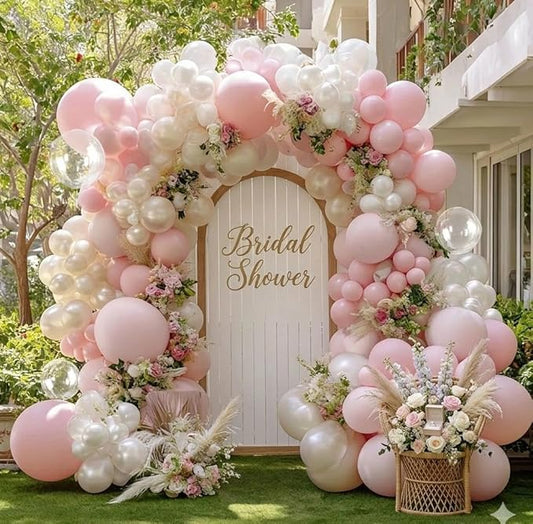 Pink White Balloon Arch Kit with Clear Bobo Balloons, Double Stuffed Baby Pastel Pale Pink Pearl White Cream Balloon Garland for Baby Shower Birthday Bridal Wedding Mother's Day Party Decoration