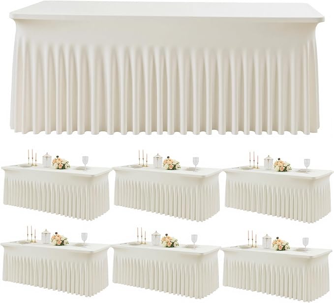 Outpain 8ft Spandex Table Cloth for Standard Folding Tables-6Pack Ivory Table Cloth Table Protector for Party, Wedding, Cocktail, Banquet, Festival