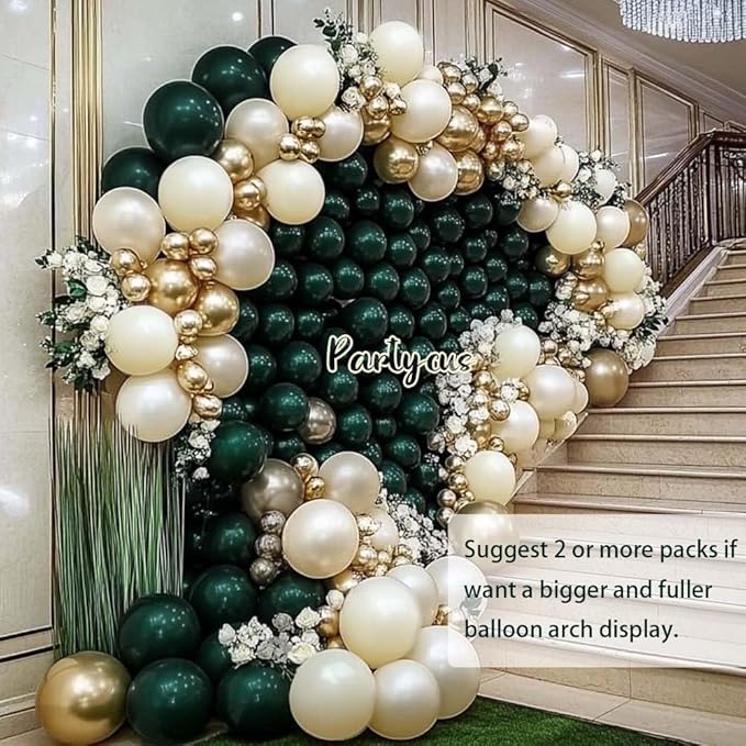 Emerald Green Gold Balloon Arch Kit, Double Stuffed Dark Forest Green Pearl White Sand Ivory Balloon Garland for Birthday Wedding Anniversary Graduation Jungle Mother's Day New Year Party Decoration