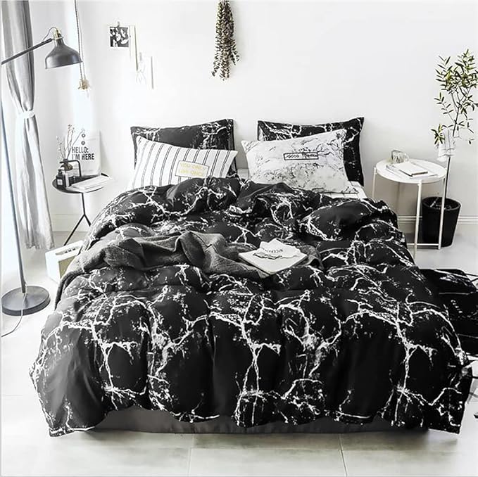 KAREVER Black Marble Comforter Set Cal King Black Bedding Set Women Soft Lightweight Comforter Men Durable Breathable Bed Comforter Set Cal King