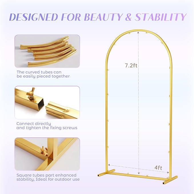Toolterritary 7.2 FT Wedding Arch Backdrop Stand, Stable Heavy Duty Metal Wedding Arch Frame for Ceremony, Reinforced Balloon Arch Stand for Birthday Party & Baby Shower, Gold