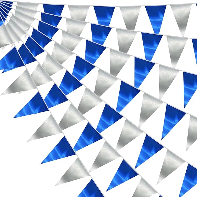 130FT Navy Blue Silver Triangle Pennant Banner Flag Metallic Fabric Bunting Garland for Christmas Graduation Birthday Wedding Bridal Shower Nautical Ahoy Achor Theme Party Decorations Supplies