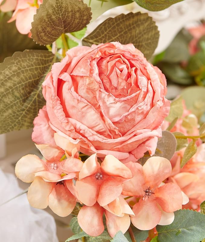 PONKING Flower Garland Artificial Rose & Hydrangea Vine Hanging Fake Flowers Vines for Wedding Birthday Party Valentines Christmas Room Wall Arch Decor, 1 Rose & 1 Hydrangea Dark Pink Floral Garland