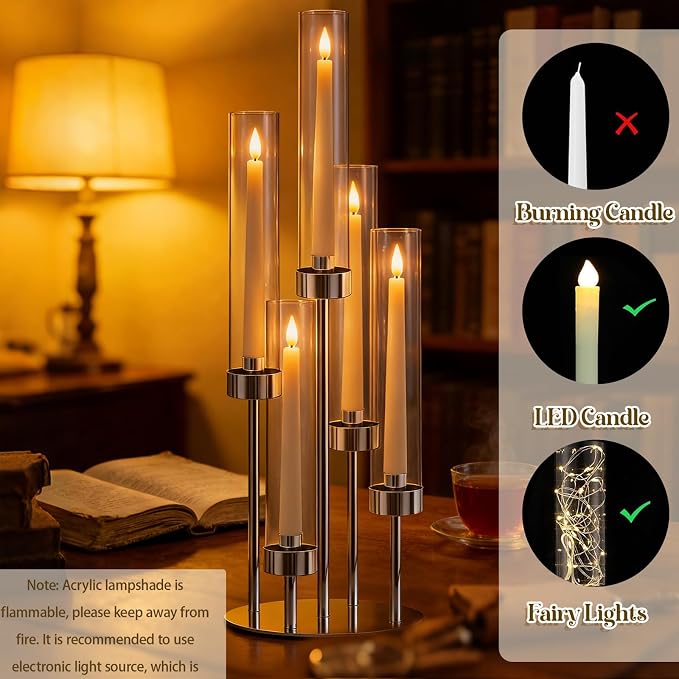 2 Pcs 5-Arm Silver Metal Table Candelabra Centerpiece, 22" Tall Clear Candlesticks Holder with Shade for Valentines Day Events Party Table Centerpiece,Fit LED Candles