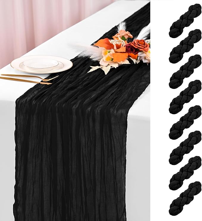 8 Pack Black Cheesecloth Table Runner 120 Inch 10FT Spring Boho Rustic Sheer Gauze Cheese Cloth Table Runner for Wedding Baby Shower Birthday Party Table Decor