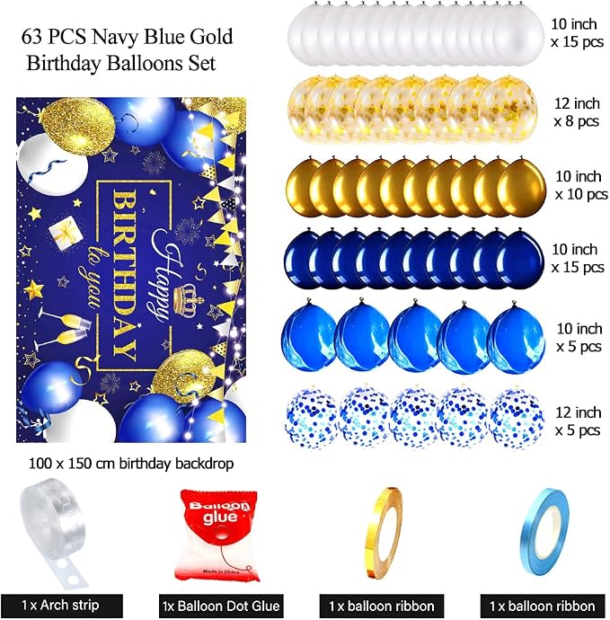 63 PCS Blue Golden Birthday Party Balloons Decorations for Men Women | with Photography Background Backdrop, Happy Birthday Sign Banner, Confetti Balloons
