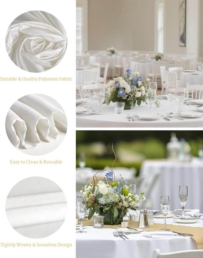 BESTVIP 6 Pack 90" White Washable Round Polyester Fabric Tablecloths | Fits 36"-66" Tables | Polyester Washable Fabric for Wedding Party Dining Banquet, Events, Holiday, Restaurant