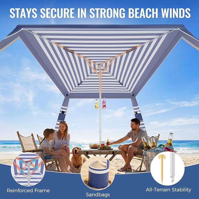 Beach Cabana, 8 x 8 ft Large Pop Up Beach Canopy Tent Sun Shelter for 6-8 Person Family, UPF 50+ UV Protection Beach Shade with Sidewall & Sandbags, Windproof Reinforced Poles for Beach Camping