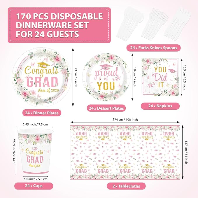 170 Pcs Graduation Party Decorations Class of 2026 Graduation Pink Floral Plates Napkins Cups Forks Knives Spoons Tablecloths for High School College 2026 Pink Grad decorations Serves 24