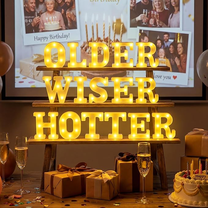 Honoson 16 Pcs Older Wiser Hotter Lights up Sign 6.5 Inch Birthday Party Decorations LED Letter Lights Sign Table Decoration for Women 30th 40th 50th 60th 70th 80th Party Birthday Supplies Decorson