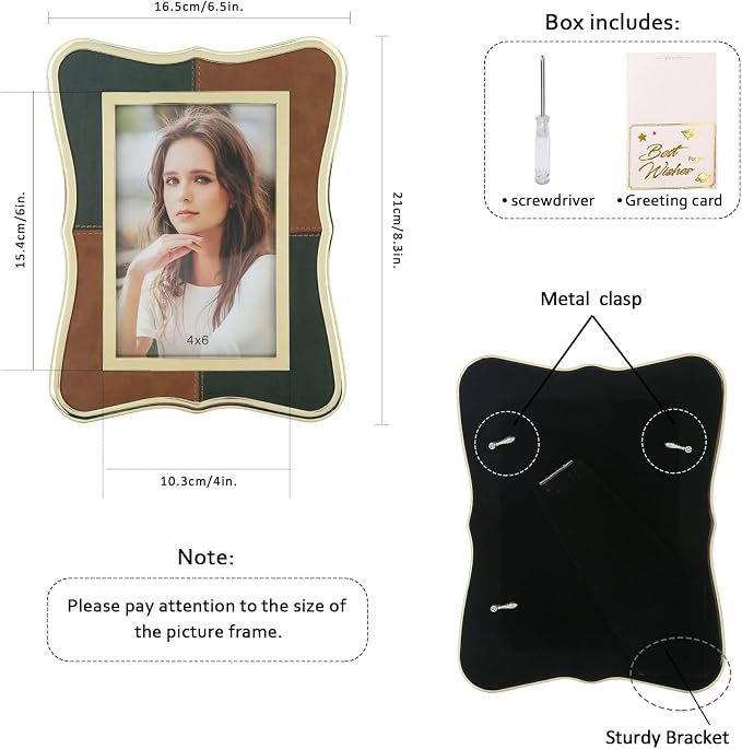 4x6 Metal Leather Picture Frame,Pretty Photo Frame with Gold Edge, Clear Glass Front, Unique Gifts for 3 Years of Marriage Couple Anniversary Graduation Horizontal&Vertical