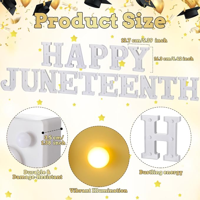Honoson 15 Pcs 6.5 Inch Juneteenth Party Decorations Happy Juneteenth LED Letter Lights Sign Lights Table Decoration for Freedom Day American Independence June 19th 1865 Celebration Home Office Decor