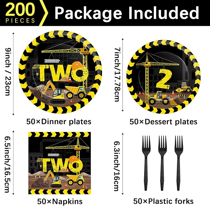 50 Guests Construction Birthday Plates and Napkins Forks Party Supplies Construction Truck Two Party Decorations Disposable Tableware Set Dinnerware Paper for Two Year Old Baby 2nd Birthday, 200PCS