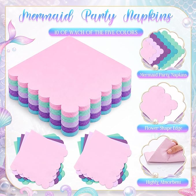 Zhehao 150 Pcs Mermaid Plates and Napkins Tableware Serves 50 Includes 9 Inch 7 Inch Purple and Blue Scalloped Wave Edges Paper Plate and Napkins for Wedding Birthday Baby Shower Party