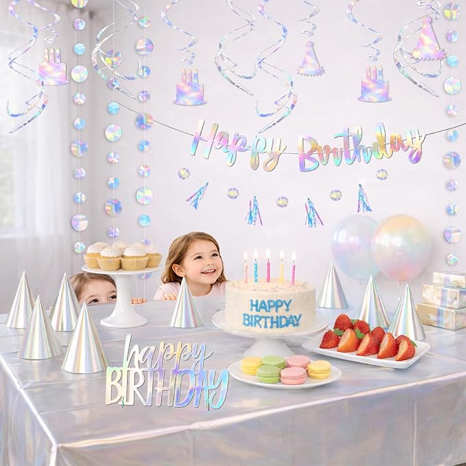 HonuGoGo 28-Piece Iridescent Birthday Party Decoration Kit – Happy Birthday Banner, Hanging Swirls, Garlands, Table Centerpiece, Tablecloth & Cone Hats for a Shimmering, Photo-Ready Celebration