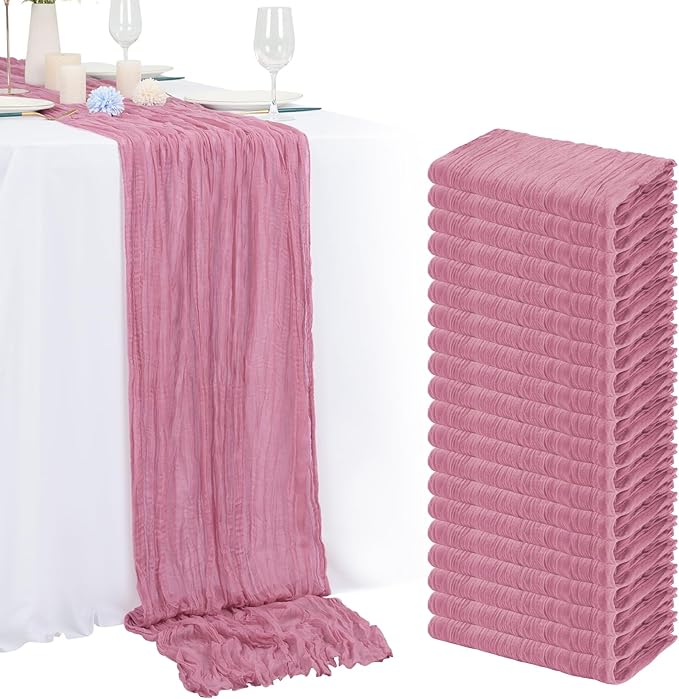 20 Pack Dusty Rose Cheesecloth Table Runner 120 Inch 10FT Rustic Boho Gauze Cheese Cloth Table Runner for Wedding Party Baby Shower Thanksgiving Christmas Decoration