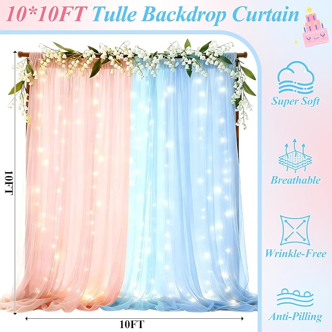 Ledido 2 Pack 10×10ft Pink Blue Tulle Backdrop Curtain with Light String - 600LED Fairy Light Sheer Curtain Backdrop for Gender Reveal Baby Shower Photo Shoot Birthday Party Decoration(4 Panel 5×10ft)