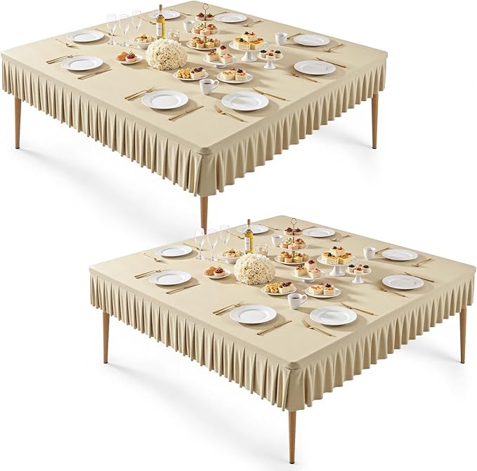2 Pack Natural Spandex Tablecloths for 60x60 Inch Square Tables, Stretch Fitted Table Clothes with Pleated Ruffle Skirt for 60” Table, Wrinkle Free and Elastic, for Party Kitchen Home Dining